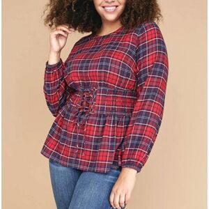 Lane Bryant Red Plaid Corset Tie Up Blouse 26